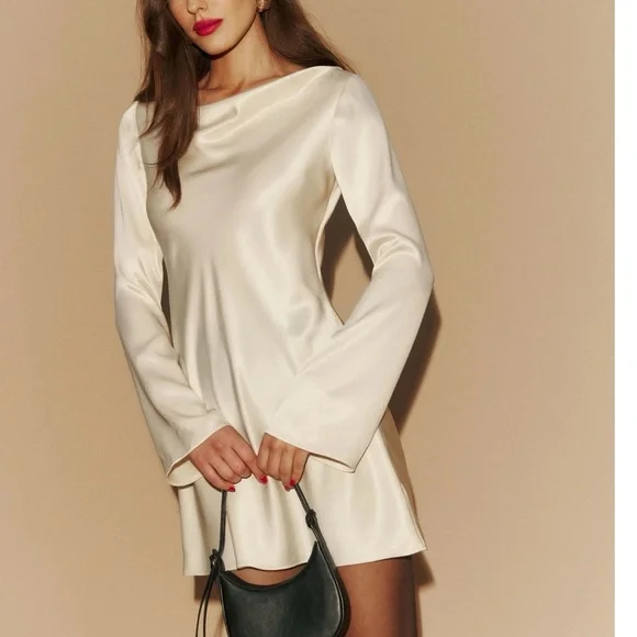 Reformation Pike Satin Almond / Cream Mini Dress sz L - Picture 3 of 13